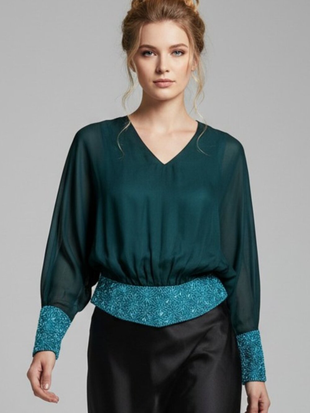 Antique 1930s Beaded Silk Chiffon Blouse – Couture Old Hollywood Dolman Sleeves